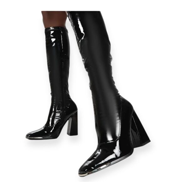 Public Desire Caryn Black Patent Wide High Block High Heel Boots Silver Tip Sz 6 - Picture 2 of 13